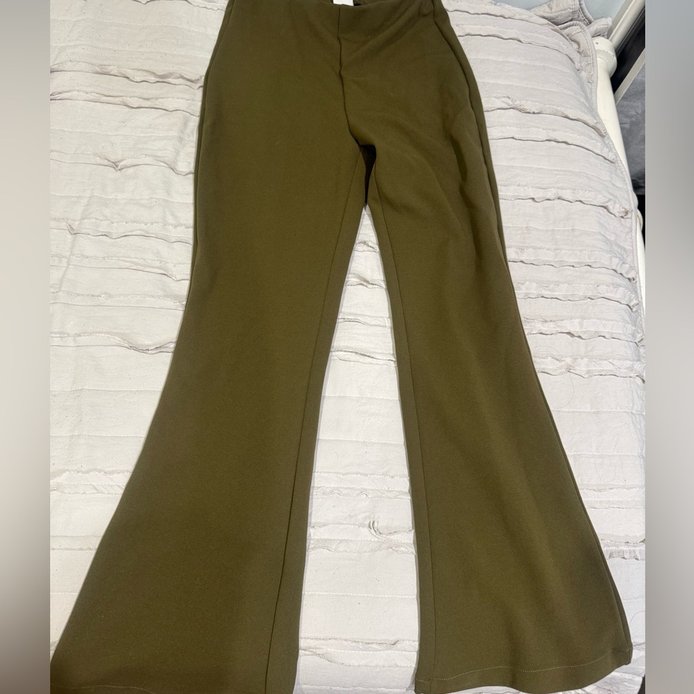 Khaki green flared stretch pants dressy